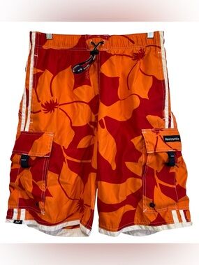 Vtg 90s Abercrombie & Fitch Orange & Red Floral Hawaiian Board Shorts Small
